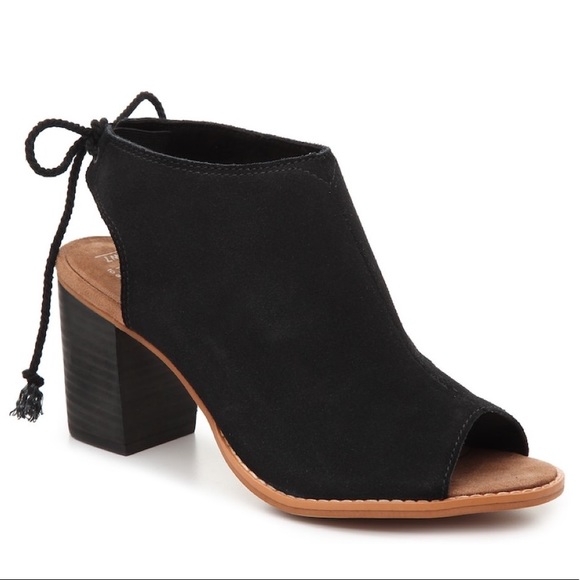 Toms Shoes - Toms Elba Black Back Tie Genuine Leather Suede Peep Toe Block Heel Sandal